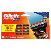 Gillette ProGlide5 blades 8 count. Orange Gillette Fusion5 Pro cartridge pack showing eight replacement blades and razor head